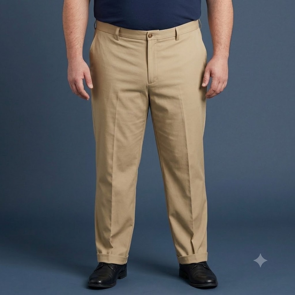 Haggar Cool 18 Pro Pants Men's 42x32 Tan Khaki Straight Fit Performance Chino